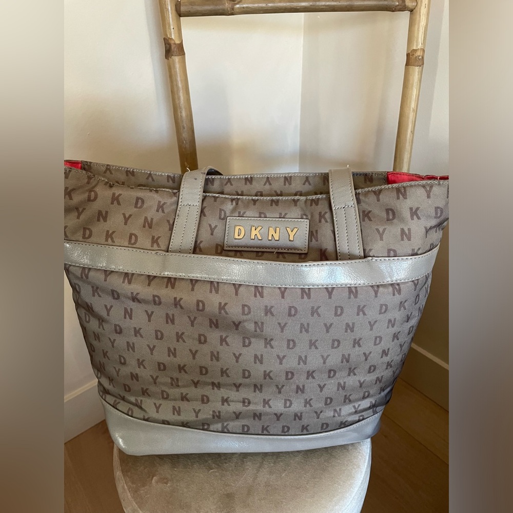 DKNY Monogrammed Brown and Silver Tote (lap top bag)